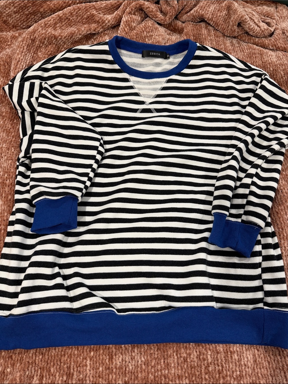 Zesica Black & White Striped Sweatshirt with Royal Blue Trim
